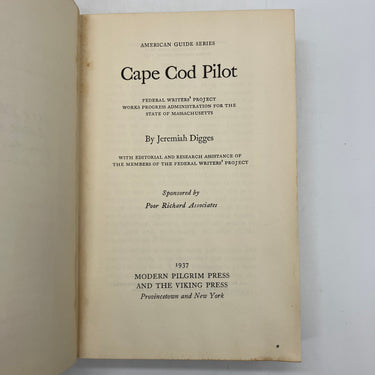 Cape Cod Pilot (1937) Jeremiah Digges Massachusetts Folklore Cloth HC DJ Poor
