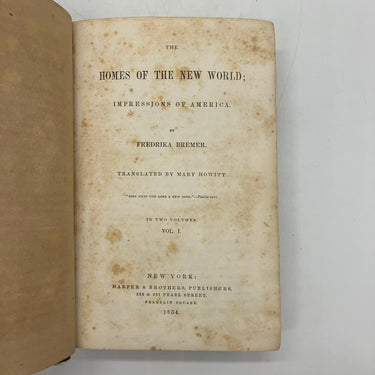 The Homes of the New World: Impressions of America Vol. 1 (1854) Bremer HC POOR