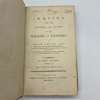 An Inquiry Into Nature & Causes of the Wealth of Nations 3 Vol. 5th Edition (1789) Adam Smith Very Good